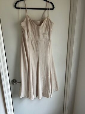 Express Strapless Satin Cream Midi A-Line Dress